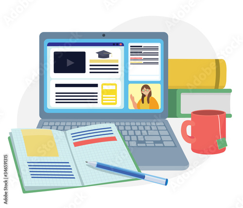 Vector illustration about online education and learning. Webinar and online education courses on the laptop screen, with textbook and tea cup. Study at home. Flat style banner or poster.