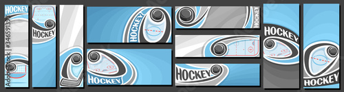 Vector set of Hockey Banners, vertical and horizontal decorative art templates for ice hockey events with illustration of sport ice rink and sliding on curve trajectory hockey puck on blue background.