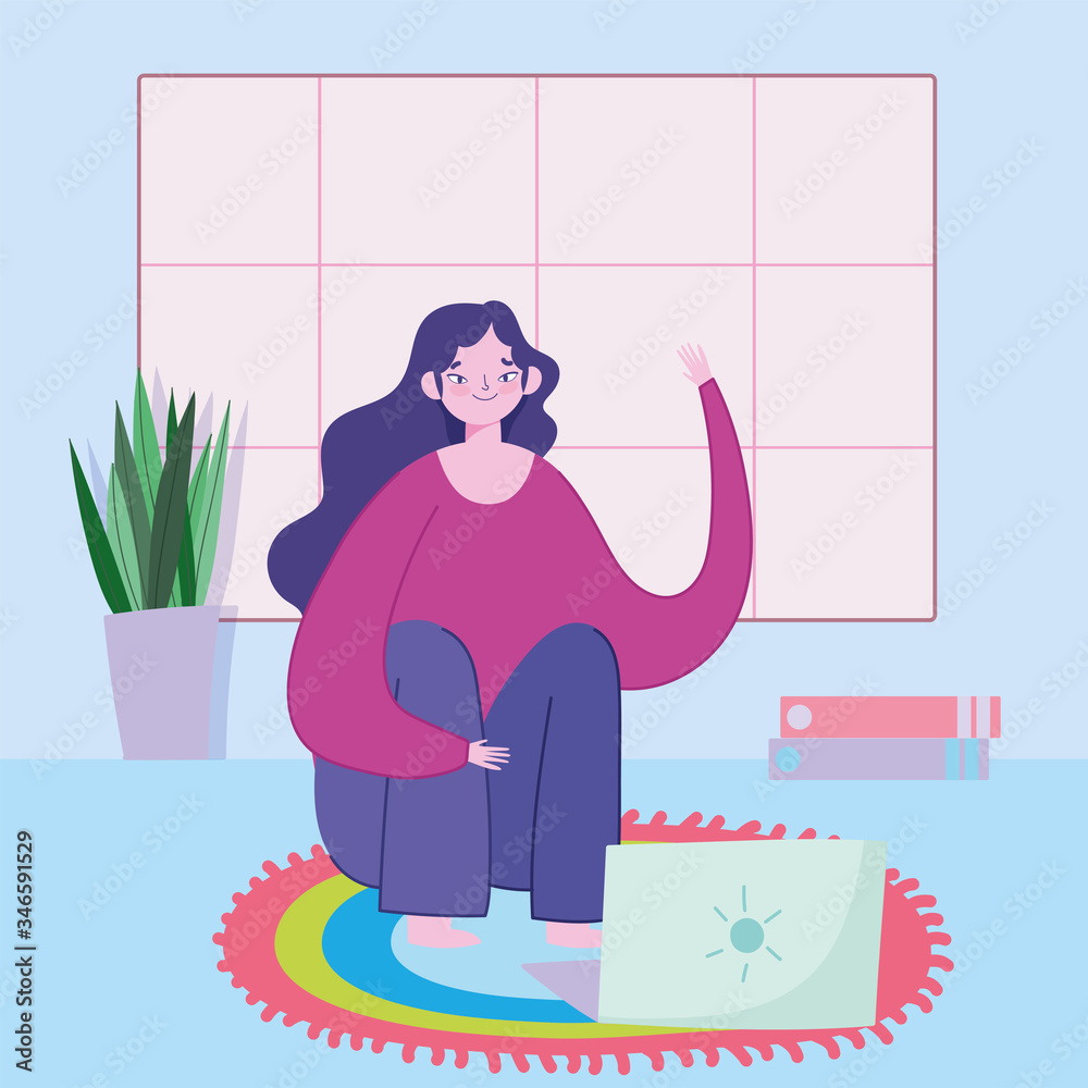 working remotely, young woman sitting on carpet with laptop in room working remotely, young woman sitting on carpet with laptop in room