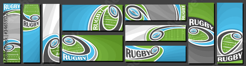Vector set of Rugby Banners, vertical and horizontal decorative art templates for rugby events with illustration of sport field and flying on curve trajectory rugby ball on grey abstract background.