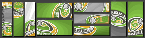 Vector set of Baseball Banners, vertical and horizontal decorative art templates for baseball events with illustration of sport field and flying on curve trajectory baseball ball on grey background.