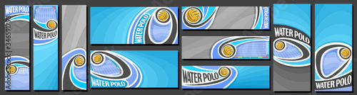 Vector set of Water Polo Banners, vertical and horizontal decorative templates for water polo events with illustration of flying on curve trajectory yellow water polo ball on blue abstract background.