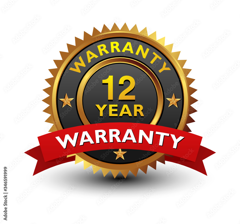 Strong, majestic, powerful, 12 year warranty badge, sign, seal, stamp, label with red ribbon isolated on white background. Strong, majestic, powerful, 12 year warranty badge, sign, seal, stamp, label with red ribbon isolated on white background.