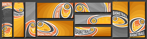 Vector set of Basketball Banners, vertical and horizontal decorative templates for basketball events with illustration of sport court and flying on curve trajectory basketball ball on grey background.