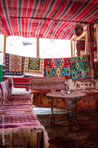 Traditional Bedouin weaving craft, interior design of a local Bedouin tent in Petra, Jordan