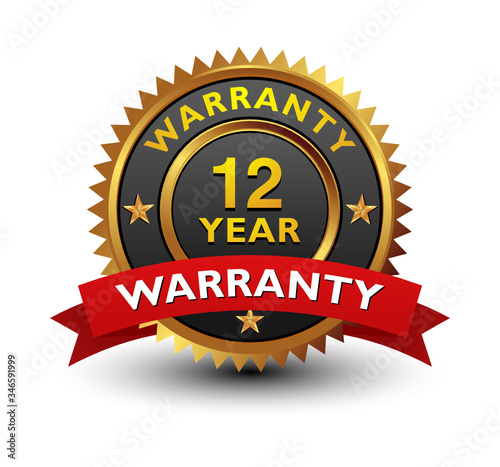 Strong, majestic, powerful, 12 year warranty badge, sign, seal, stamp, label with red ribbon isolated on white background.