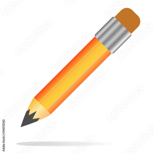 Realistic yellow wooden pencil with rubber eraser isolated on white background. Vector