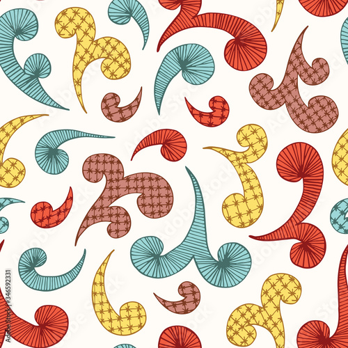 Embroidery Swirls Lace Needlework Vector Seamless Pattern. Hand Drawn Traditional Colorful Backbround Needlepoint Print. Cute Craft Linen Background for Fashion, Textiles, Home Decor