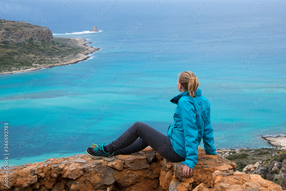 Woman On Viewpoint Above Balos Bay On Kreta. Beautiful Scenery And Landscape With Blue Ocean
