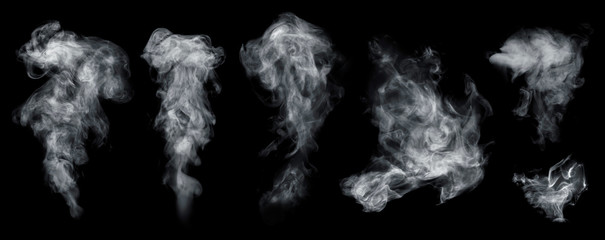 Fog or smoke set isolated on black background. White cloudiness, smoke, mist or smog background.