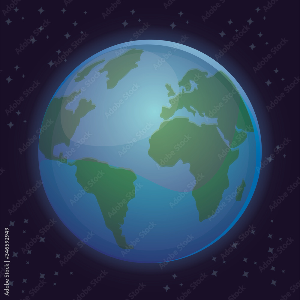 Creative vector illustration with planet Earth for web design. Cartoon planet on darck starry background. Vector planet earth icon. Creative vector illustration with planet Earth for web design. Cartoon planet on darck starry background. Vector planet earth icon.
