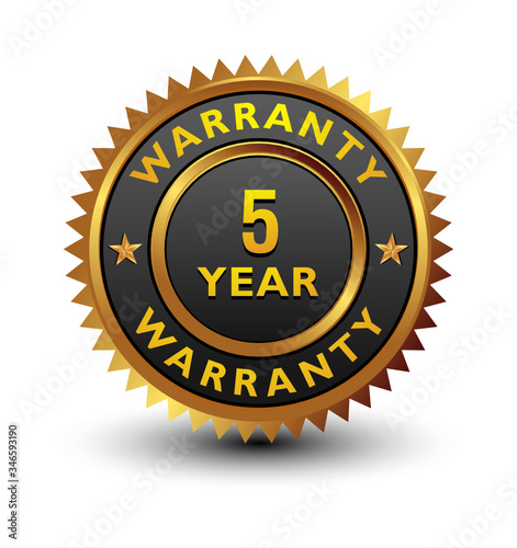 Strong, majestic, powerful, 5 year warranty badge, sign, seal, stamp, label isolated on white background.