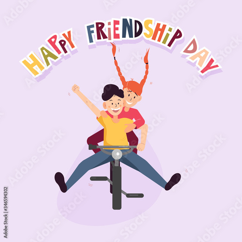 Happy friendship day design for cards. Two teenagers - boy with one hand up and red haired girl with pigtails riding one bicycle and having fun. Flat vector illustration.