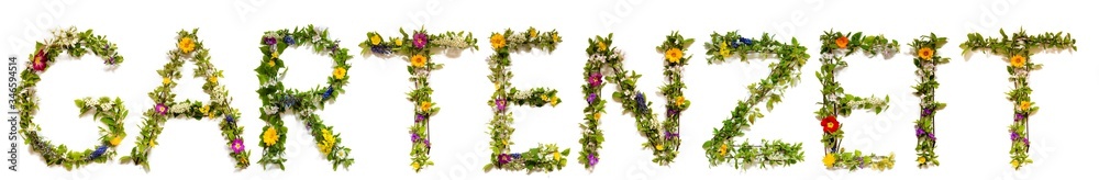 Flower, Branches And Blossom Letter Building German Word Gartenzeit Means Time For Gardening. White Isolated Background