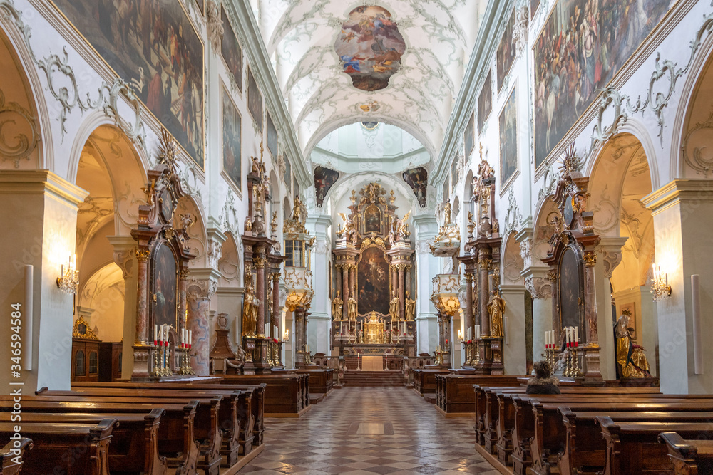 Feb 4, 2020 - Salzburg, Austria: Nave view of Rococo Ornamentated Abbey church interior inside St Peter Abbey