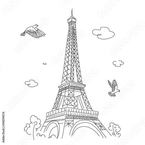 Eiffel Tower in Paris. Linear drawing. Vector line illustration