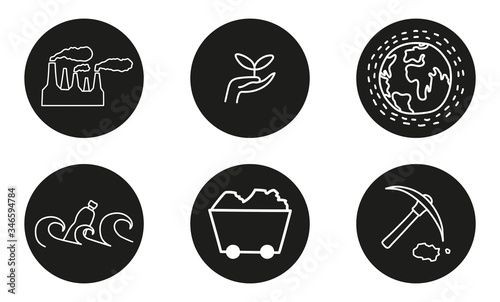 Icons on the topic environmental issues in doodle style. White outlines in black round backgrounds. Vector isolated images are perfect for your design.