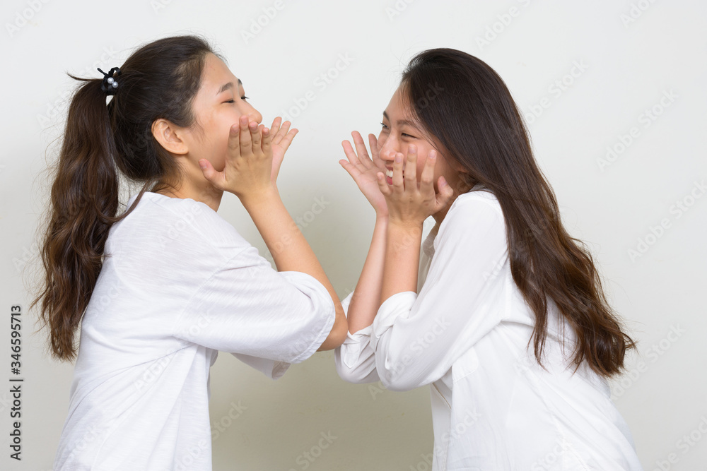 Two happy young beautiful Asian women as friends posing together Two happy young beautiful Asian women as friends posing together