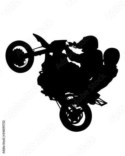 Man and women in protective clothing rides a sports bike. Isolated silhouette on a white background