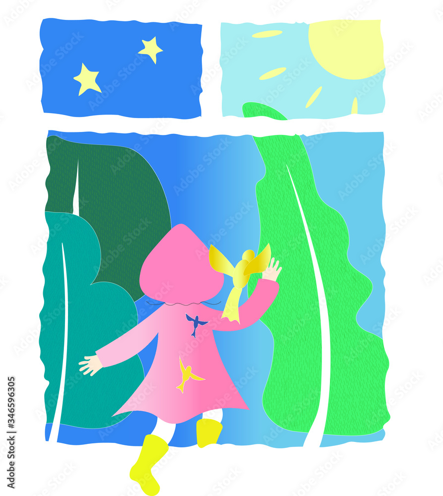Vector drawing. Cute poster, card or cover with a magical illustration. Girl in a pink cloak and green nature.