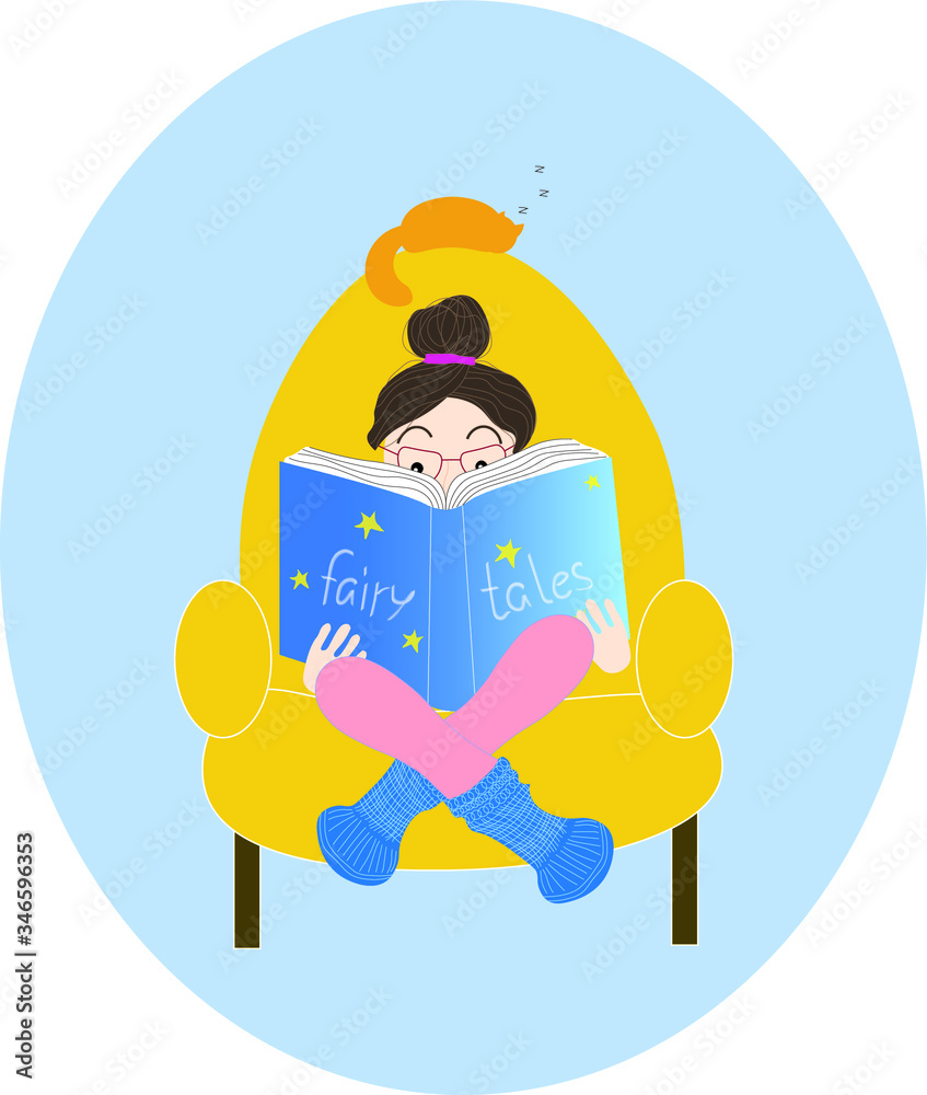Naklejka premium Cute vector illustration for cover or card with the image of a reading girl in a yellow armchair and a ginger cat