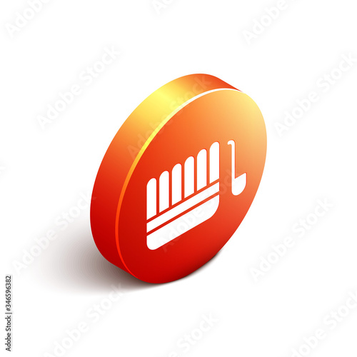 Isometric Sauna bucket and ladle icon isolated on white background. Orange circle button. Vector Illustration