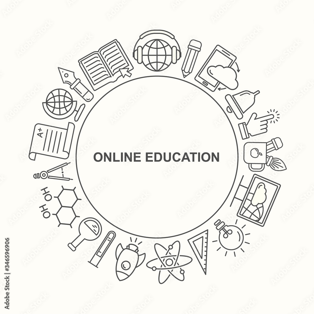 Online education round shape pattern with linear icons. E-learning, online course, webinar, e-book, video conference, home studying. Modern line style vector illustration. Stay home background.
