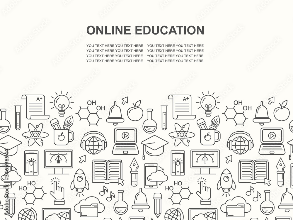 Online education seamless pattern with linear icons. E-learning, online course, webinar, e-book, video conference, home studying. Modern line style vector illustration. Stay home background. Online education seamless pattern with linear icons. E-learning, online course, webinar, e-book, video conference, home studying. Modern line style vector illustration. Stay home background.
