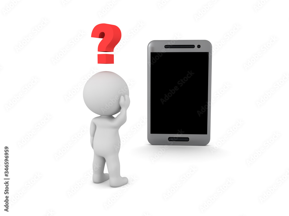 3D Character looking curious at generic smartphone 3D Character looking curious at generic smartphone