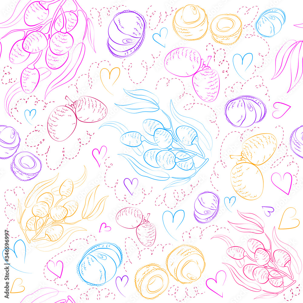 Vector seamless pattern of lychees and leaves. Vector seamless pattern of lychees and leaves.