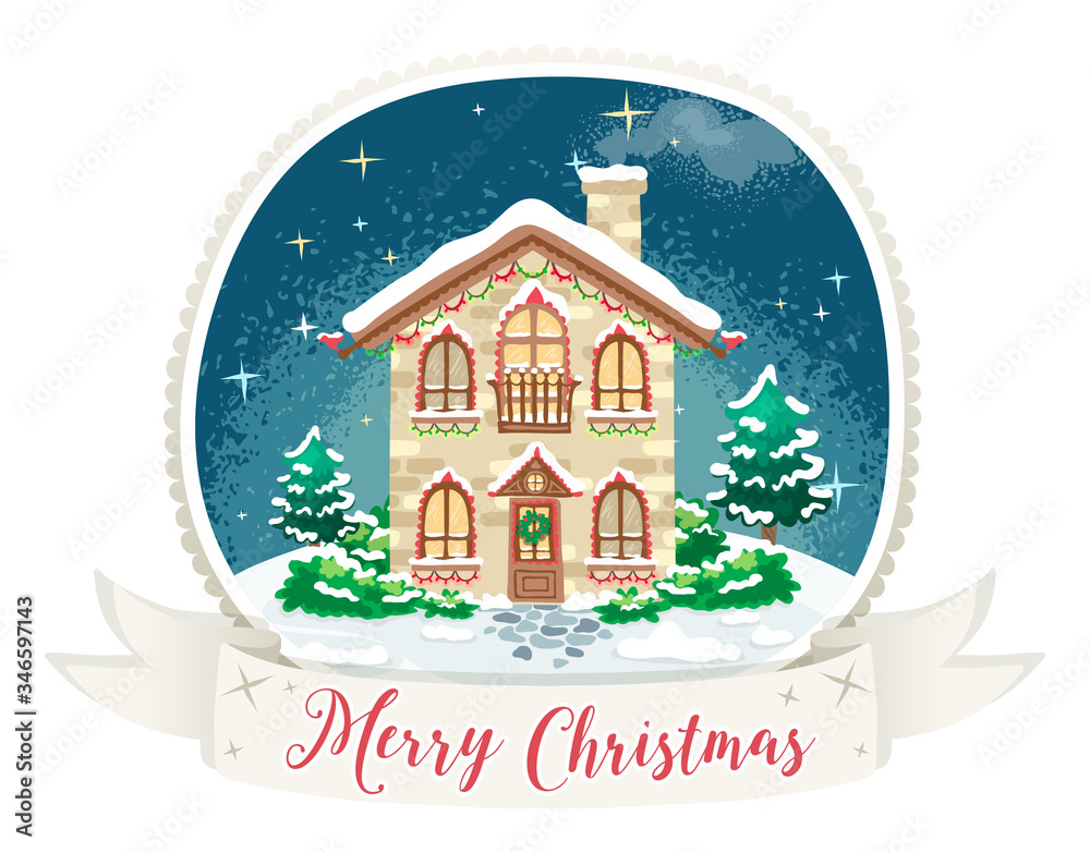 Hand drawn Christmas greeting card with cozy house, snow, trees, festive lights