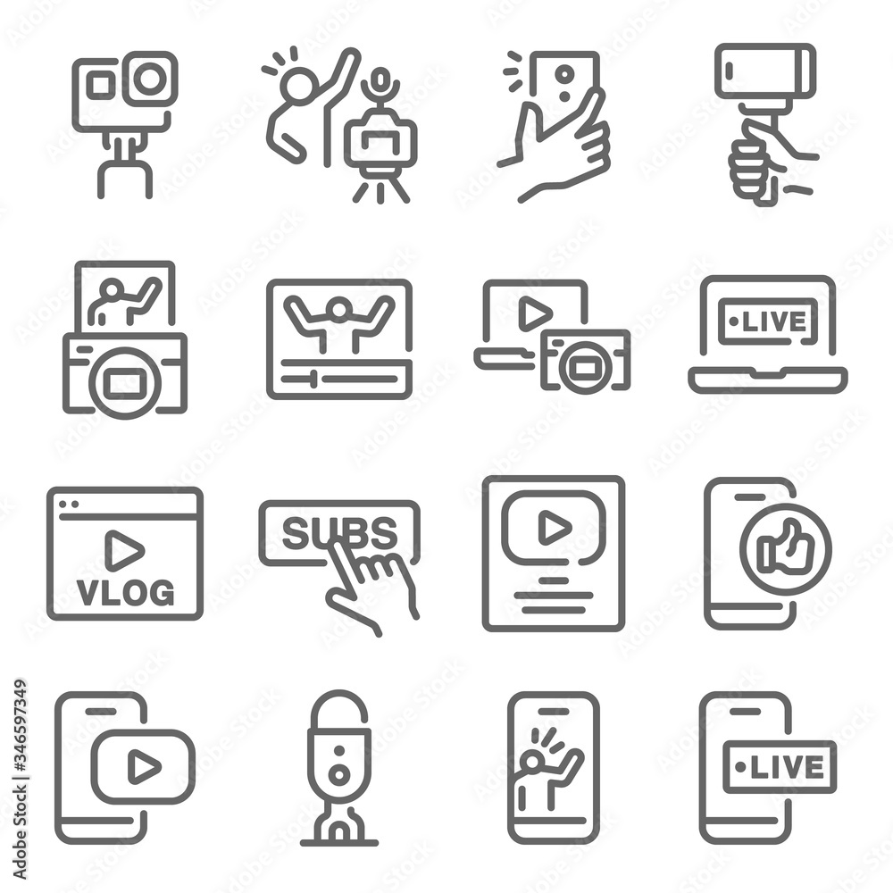 Influencer Vlog icon set vector illustration. Contains such icon as Micro influencer, Youtuber, Social media, Subscribe, Live, Creator and more. Expanded Stroke