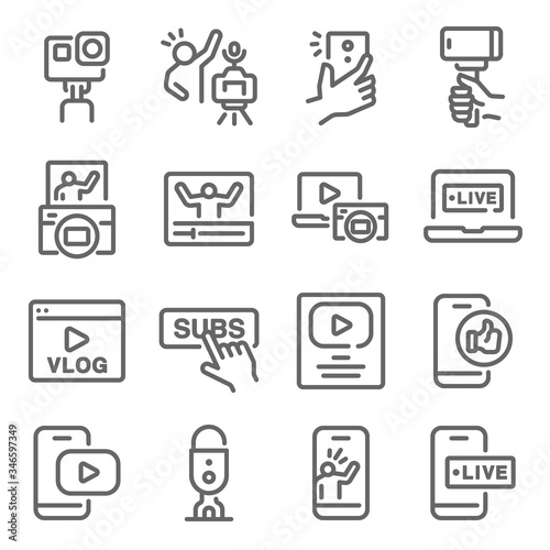 Influencer Vlog icon set vector illustration. Contains such icon as Micro influencer, Youtuber, Social media, Subscribe, Live, Creator and more. Expanded Stroke