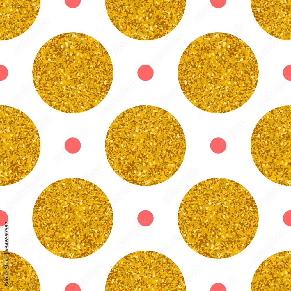 Tile pattern with big golden and small pink polka dots on white background for seamless decoration wallpaper