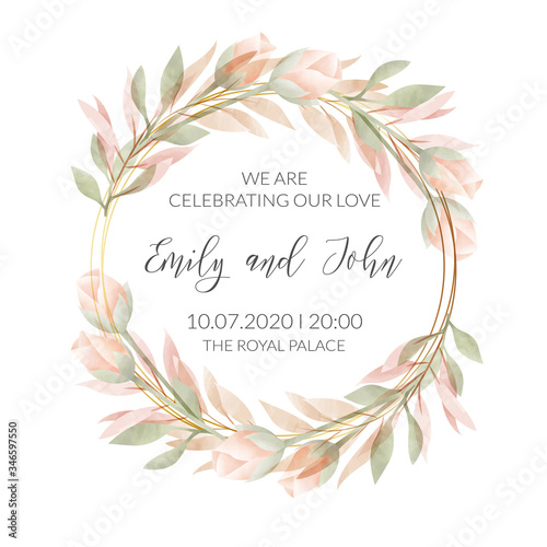 Watercolor floral frame. Wedding invitation card.