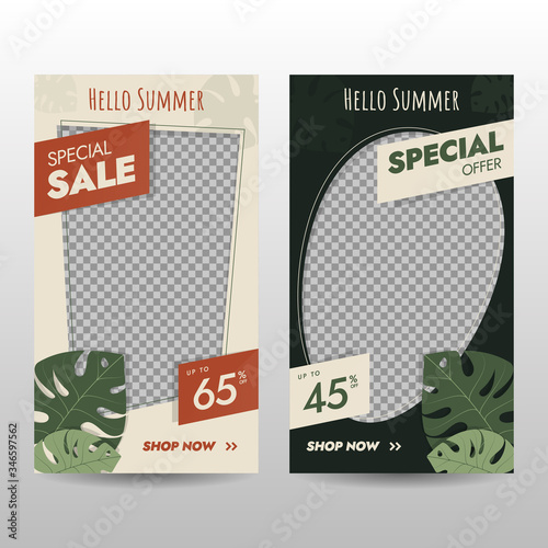 Template of Hello Summer Sale for Social Media and Banner with Tropical Leaf