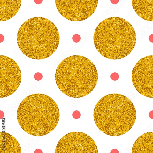 Tile pattern with big golden and small pink polka dots on white background for seamless decoration wallpaper