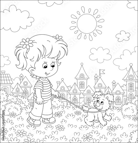 Cheerful little girl walking together with her merry small puppy in a pretty park of a small town on a sunny summer day, black and white outline vector cartoon illustration for a coloring book page