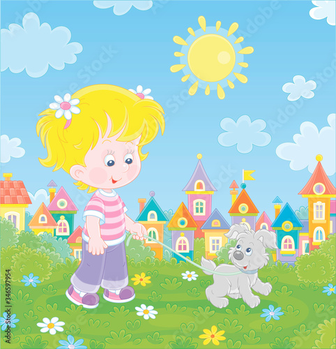 Cheerful little girl walking together with her merry grey puppy in a green park of a small colorful town on a sunny summer day, vector cartoon illustration