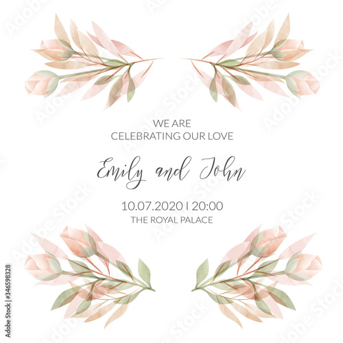 Watercolor floral frame. Wedding invitation card.