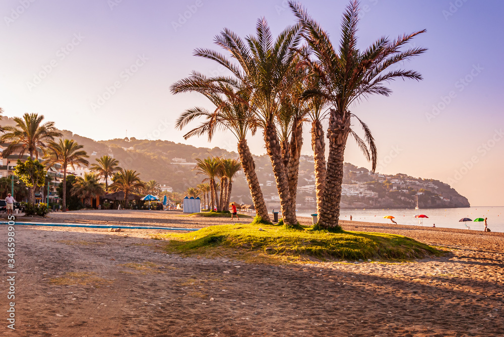 An empty beach with palm trees on an early warm and sunny summer morning as the golden sun rises over La Herradura, Costa Tropical, Andalusia, Spain