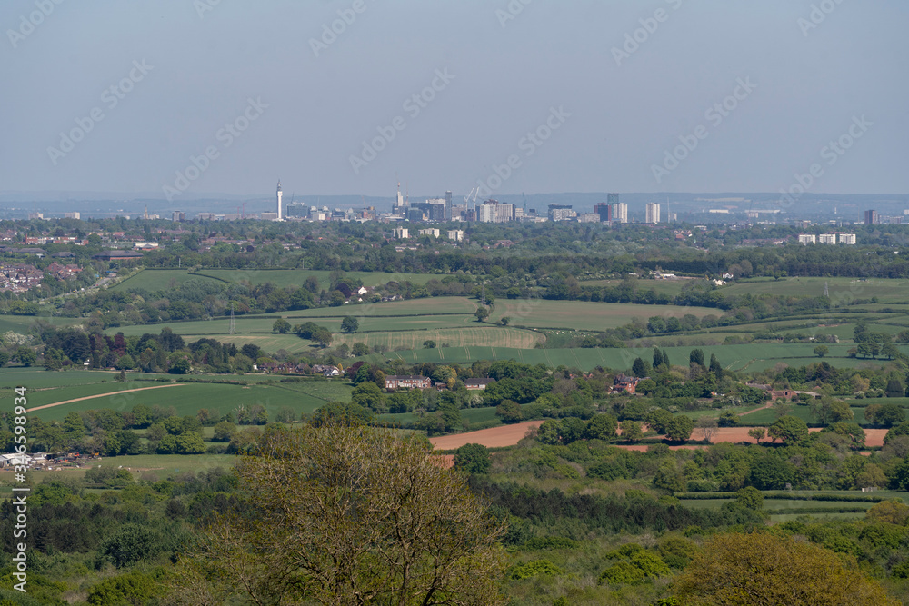 Aerial view of Birmingham city centre with countryside landscape