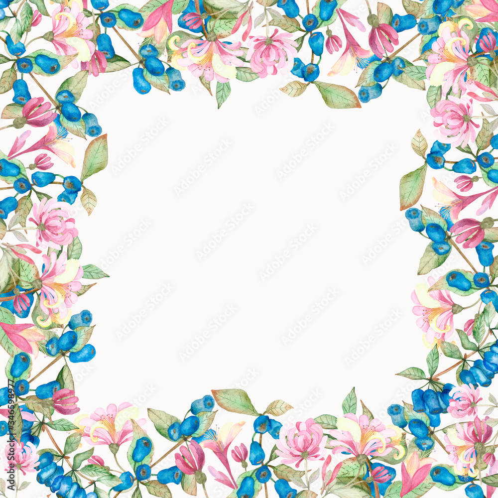 Watercolor hand painted nature floral squared border frame with honeysuckle pink blossom flowers, blue berries and green leaves bouquet on the white background for invitations and greeting card