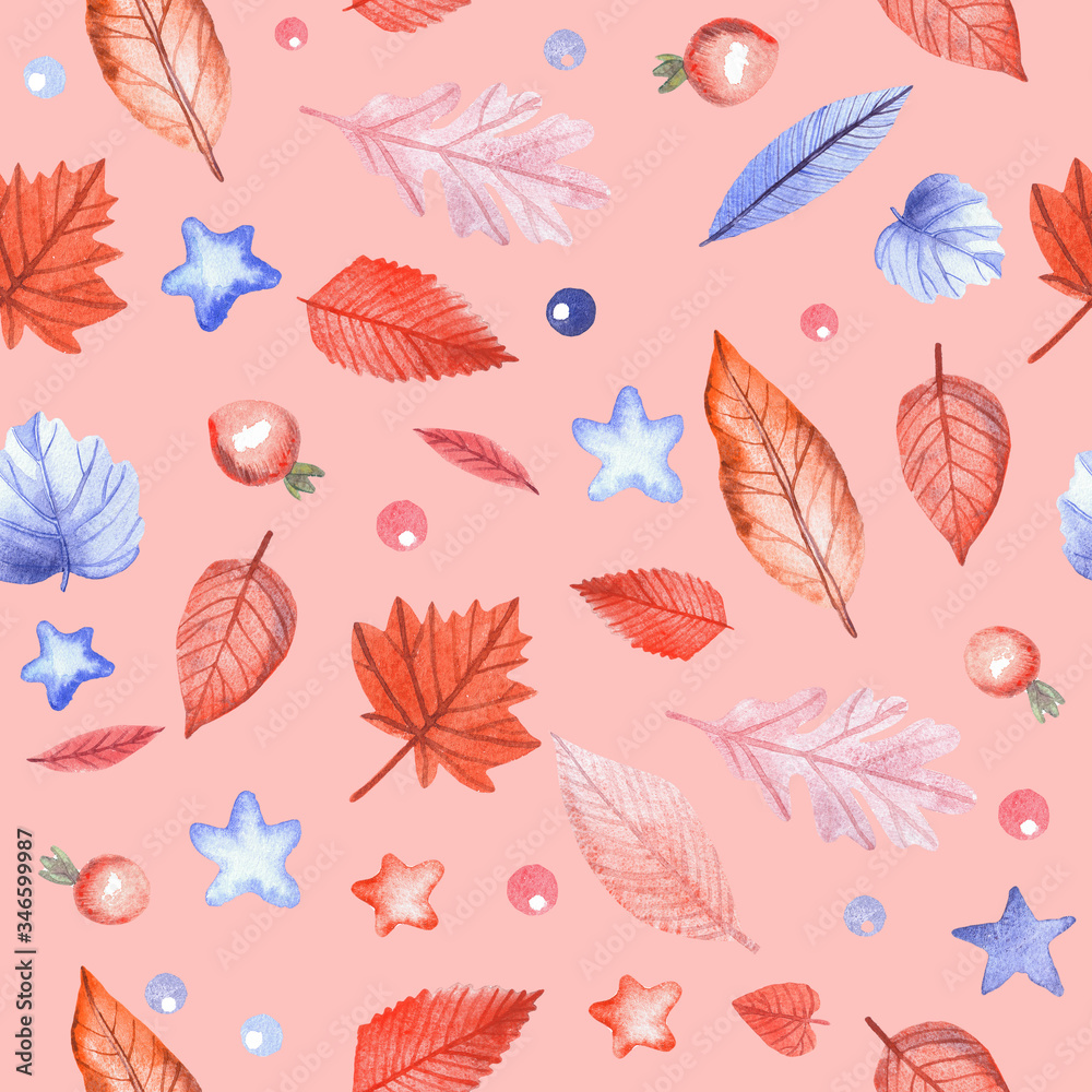 Seamless pattern with autumn leaves and rosehip berries on a pink background. Hand-painted watercolor illustration. Seamless pattern with autumn leaves and rosehip berries on a pink background. Hand-painted watercolor illustration.