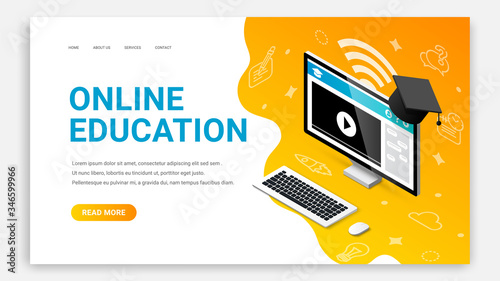 Online education isometric landing page web design template. 3d desktop computer with video lesson on monitor screen web site concept. E-learning, training courses, online school vector illustration
