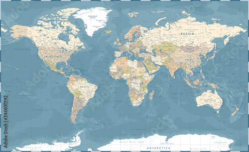 World Map Vintage Dark Political - Vector Detailed Illustration - Layers