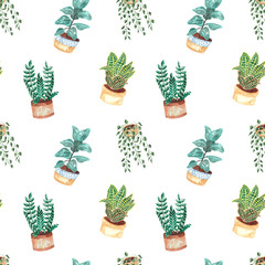 Keuken achterwand Planten in pot patronen Handgeschilderde aquarel kamerplanten patroon  © Vasia_illi