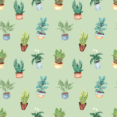 Keuken achterwand Planten in pot patronen Aquarel binnenplanten groene bladeren patroon  © Vasia_illi