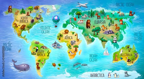 Fototapeta Naklejka Na Ścianę i Meble -  children's world map with mainland fauna