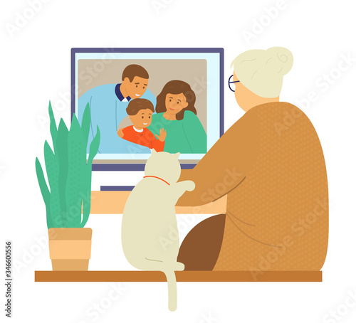 Family videochat. Grandmother talks to her daughter's family by videocall. Online communication. Flat vector illustration.